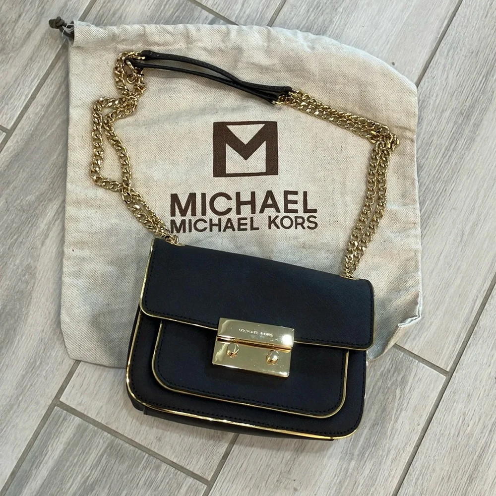 Rare Michael Kors Brown Saffiano Leather/ Gold, Adjustable Gold Chain Strap- New